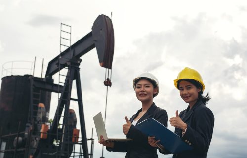 two-female-engineers-stand-beside-working-oil-pumps-with-white-sky-min two-female-engineers-stand-beside-working-oil-pumps-with-white-sky-min